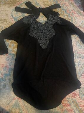 Black Scoop Neck Sweater with Lace Appliqué